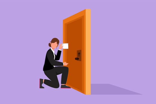 Dibujo de diseño plano gráfico mujer joven escuchando a escondidas en la puerta Mujer de negocios curiosa escuchando conversación frente a la puerta cerrada Concepto de violación de privacidad Ilustración de vector de estilo de dibujos animados