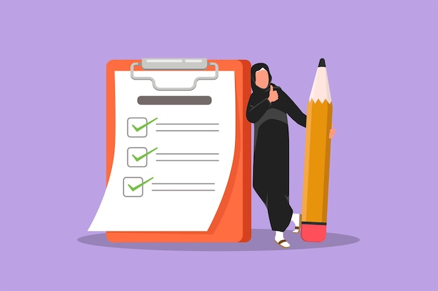 Dibujo de diseño plano gráfico Mujer de negocios árabe sosteniendo un lápiz enorme y apoyándose en la lista de verificación completa en el portapapeles Planificación y gestión del tiempo Metáfora empresarial Ilustración de vector de estilo de dibujos animados