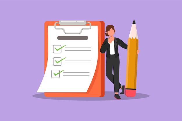 Dibujo de diseño plano gráfico mujer de negocios sosteniendo un lápiz grande y apoyándose en la lista de verificación completa en el portapapeles Gestión eficaz del tiempo de planificación Metáfora empresarial Ilustración de vector de estilo de dibujos animados