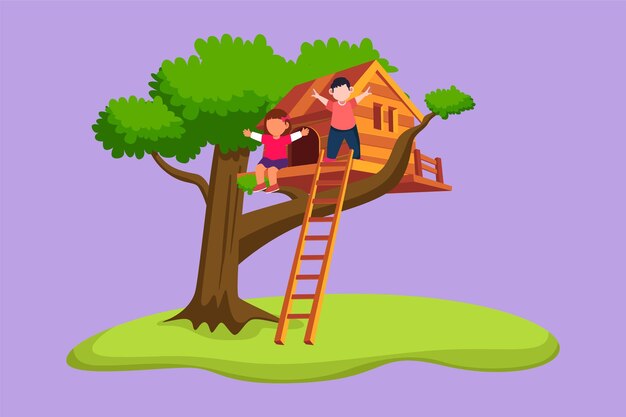 Dibujo de diseño plano gráfico niño en la casa del árbol Lindo niño y niña jugando en el parque infantil Casa del árbol con escalera de madera lugar para juegos de niños en verano Ilustración de vector de estilo de dibujos animados