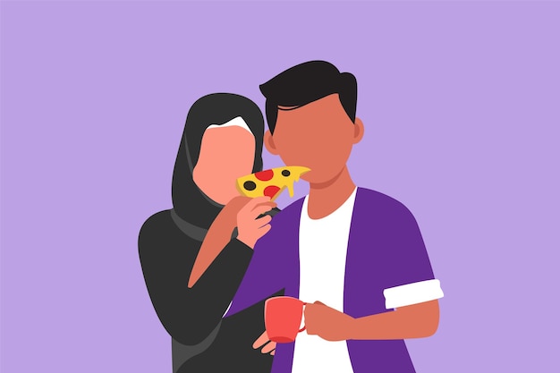 Dibujo de diseño plano gráfico Pareja árabe compartiendo pizza cortada Hombre y mujer comen pizza italiana juntos Celebran aniversarios y disfrutan de un almuerzo romántico en el restaurante Ilustración de vector de estilo de dibujos animados
