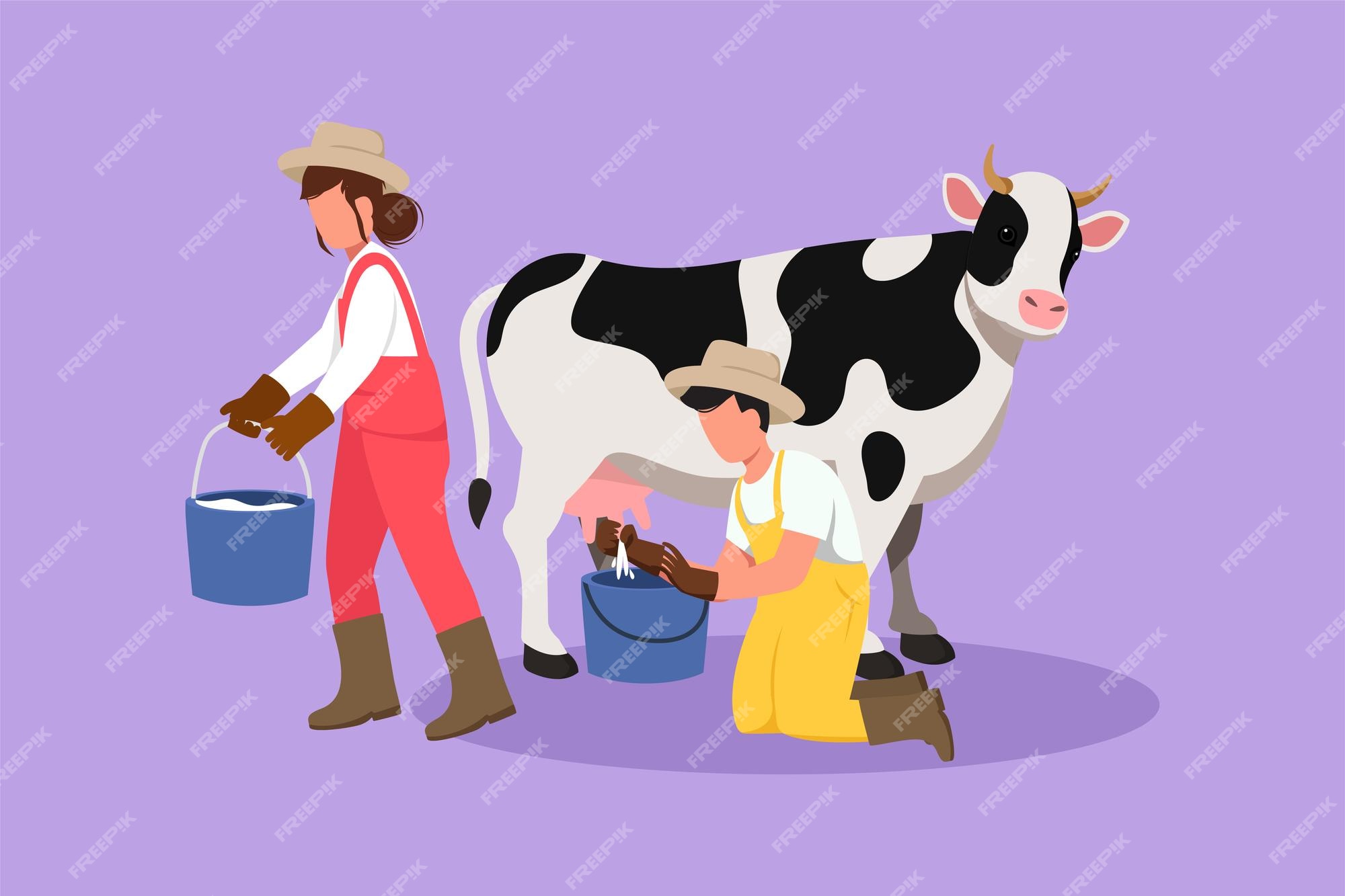 Dibujo de diseño plano gráfico pareja de granjeros ordeñando una vaca en el  balde cría de vacas rancho o granja ganadería o ganado producción de  productos lácteos en el prado ilustración de