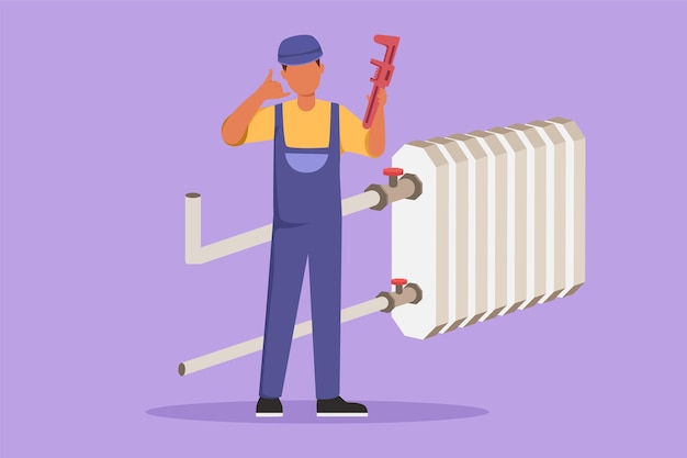 Dibujo de diseño plano gráfico plomero masculino activo se para con gesto de llamarme y sosteniendo la herramienta de carpintería lista para trabajar arreglando plomería rota en casa Negocio de éxito Ilustración de vector de estilo de dibujos animados