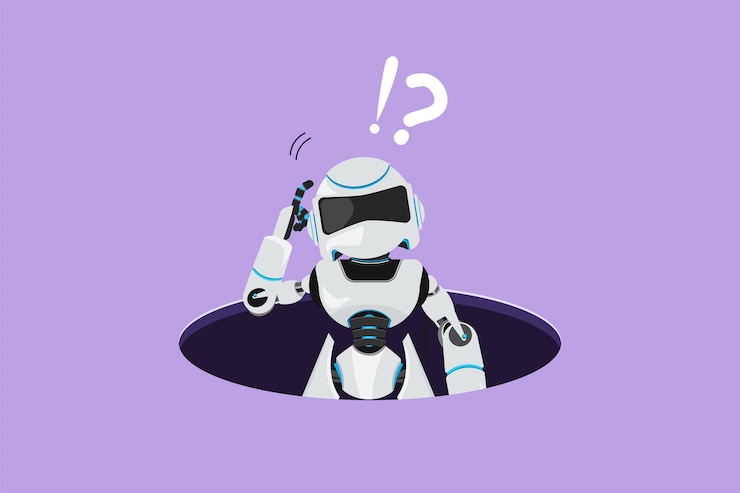 Vector dibujo de diseño plano gráfico robot confundido emerge del agujero depresión y fracaso empresarial desarrollo de tecnología futura aprendizaje automático de inteligencia artificial ilustración de vector de estilo de dibujos animados