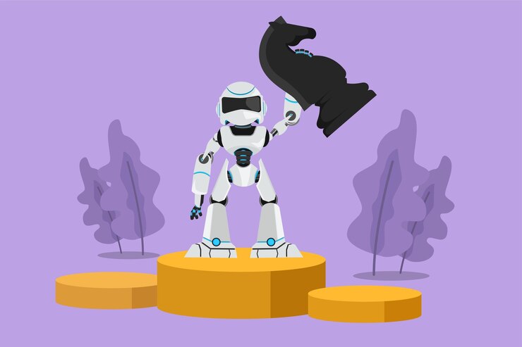 Vector dibujo de diseño plano gráfico de robot sosteniendo y levantando una pieza de ajedrez de caballo caballero en la primera etapa de campeones desarrollo de tecnología futura procesos de aprendizaje automático ilustración de vector de estilo de dibujos animados