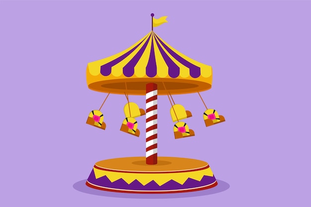 Dibujo de diseño plano gráfico de un swinger de olas coloridas en un parque de diversiones con una silla voladora y una bandera sobre él Los pasajeros se balancean en el cielo Felices vacaciones con la familia Ilustración de vector de estilo de dibujos animados