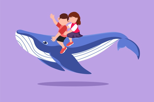 Dibujo de diseño plano gráfico valiente niño y niña montando ballena azul juntos Niños lindos sentados en la parte posterior de la ballena Niños alegres en la parte posterior de la gran ballena azul Ilustración de vector de estilo de dibujos animados