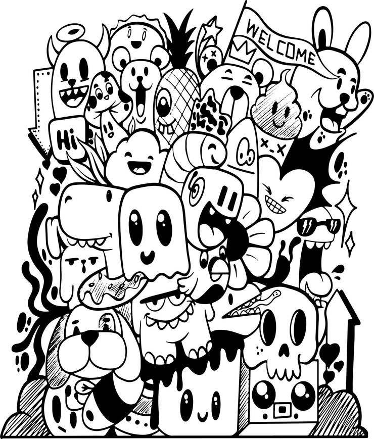 Un dibujo divertido y creativo con una variedad de monstruos y personajes lindos y extravagantes