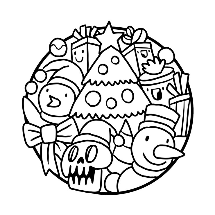 Vector dibujo de doodle de árbol de navidad para colorear