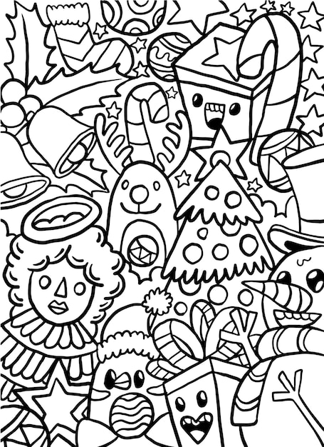 Vector dibujo de doodle de cosas navideñas para colorear