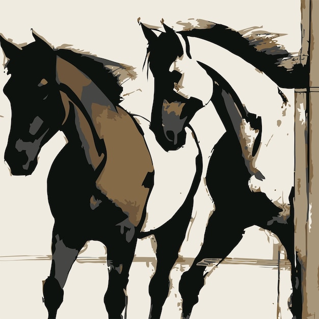 Vector un dibujo de dos caballos con uno de ellos mirando a la cámara.