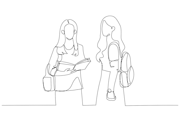 Dibujo de dos chicas adolescentes reales en el aula que quieren estudiar en la universidad Estilo de arte de línea continua única