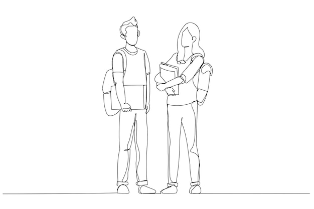 Dibujo de dos estudiantes universitarios de pie y posando frente a la clase Estilo de arte de línea continua