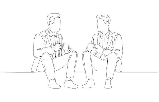 Un dibujo de dos hombres de negocios charlando amistosamente durante un descanso de café en el trabajo