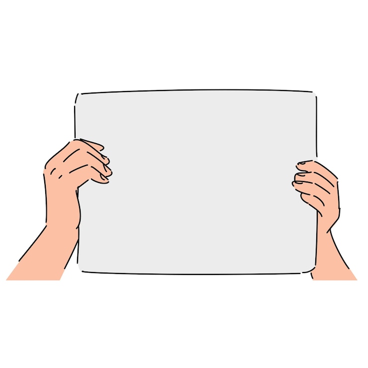 Vector un dibujo de dos manos sosteniendo un cartel blanco que dice "estamos aquí".