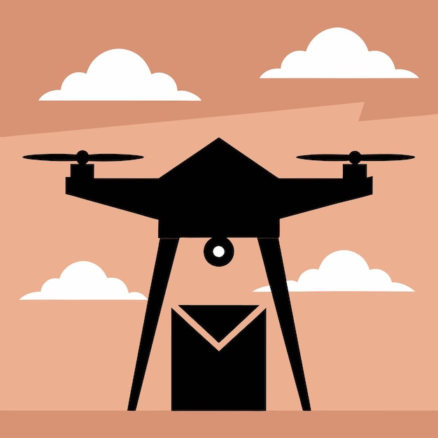 un dibujo de un dron con un fondo de cielo con nubes en el fondo