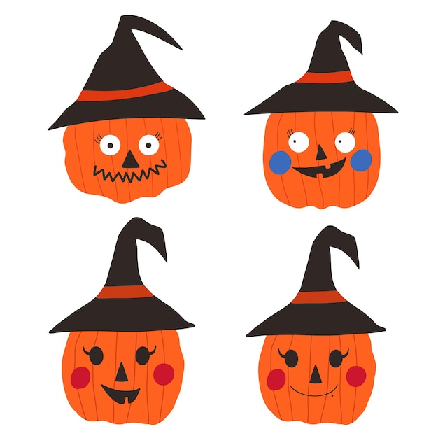 Dibujo de la edición de Halloween calabaza linda con colección vectorial de sombrero de bruja