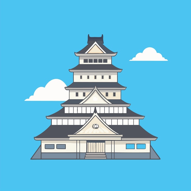 un dibujo de un edificio con un cielo azul y nubes
