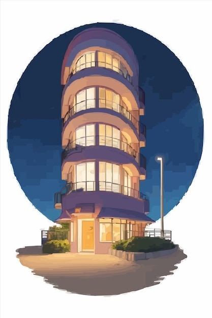 Un dibujo de un edificio con un círculo azul en la parte delantera