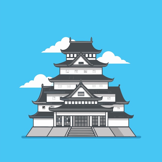 un dibujo de un edificio con un fondo azul con nubes