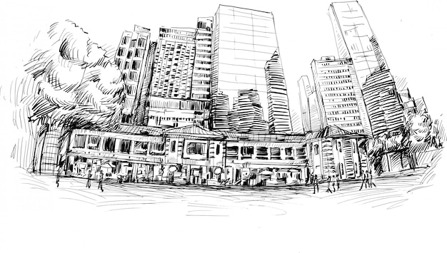 Dibujo del edificio en Hong Kong dibujar a mano