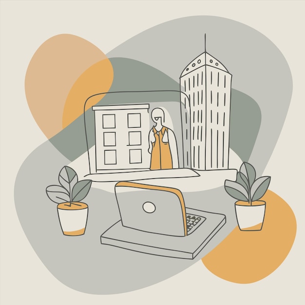 un dibujo de un edificio con una mujer en la computadora portátil