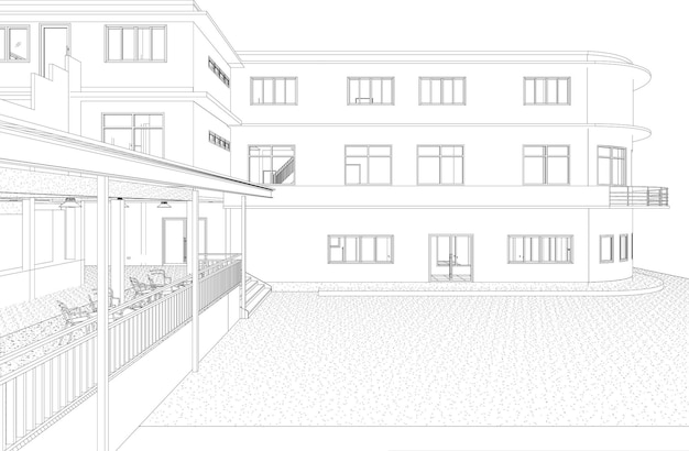 Un dibujo de un edificio con un techo y un salón con una gran terraza y algunas sillas.