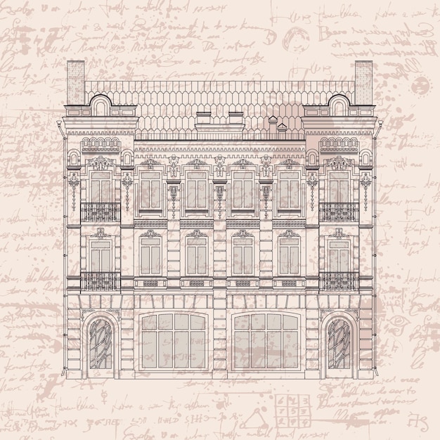 dibujo de un edificio de tres pisos en estilo barroco