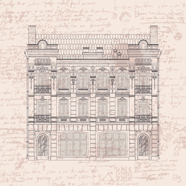 Vector dibujo de un edificio de tres pisos en estilo barroco