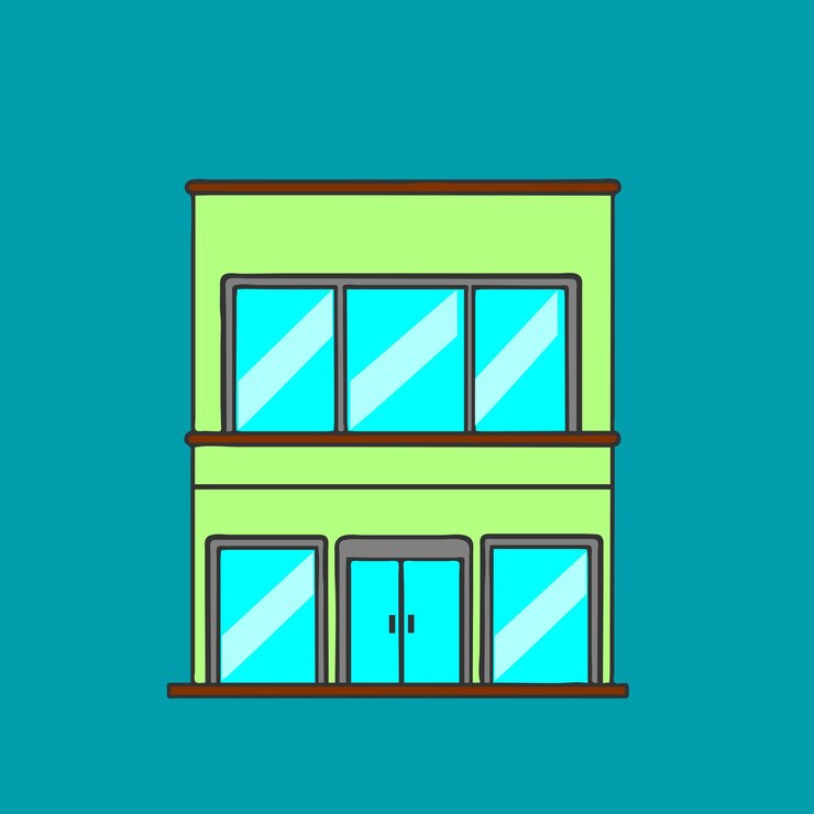 un dibujo de un edificio con ventanas y un fondo verde