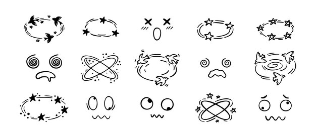 Dibujo de efecto mareado dibujado a mano dibujo de dibujos animados conjunto de caras mareadas pájaros y estrellas emociones de dibujo por encima de la cabeza