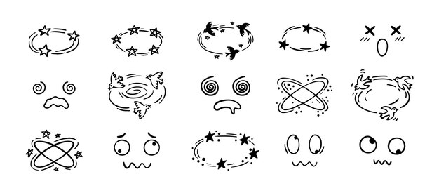 Dibujo de efecto mareado dibujado a mano dibujo de dibujos animados conjunto de caras mareadas pájaros y estrellas emociones de dibujo por encima de la cabeza