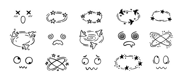 Dibujo de efecto mareado dibujado a mano dibujo de dibujos animados conjunto de caras mareadas pájaros y estrellas emociones de dibujo por encima de la cabeza