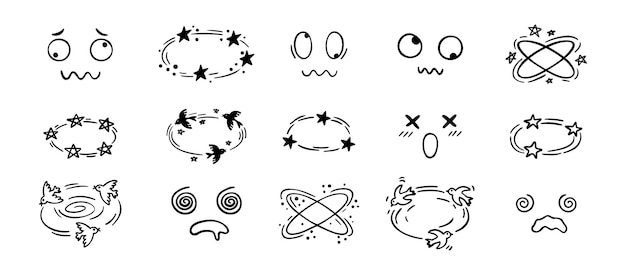 Dibujo de efecto mareado dibujado a mano dibujo de dibujos animados conjunto de caras mareadas pájaros y estrellas emociones de dibujo por encima de la cabeza