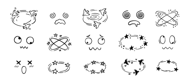 Dibujo de efecto mareado dibujado a mano dibujo de dibujos animados conjunto de caras mareadas pájaros y estrellas emociones de dibujo por encima de la cabeza