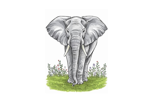 un dibujo de un elefante en un campo de flores