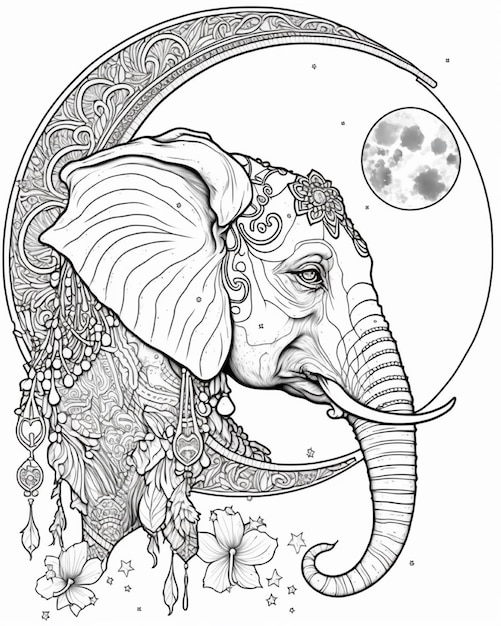 Vector un dibujo de un elefante con una luna y las palabras elefante en él.