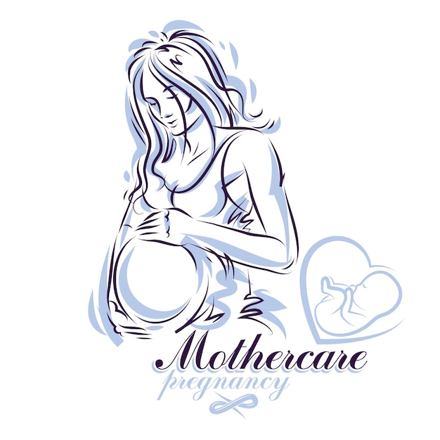 Dibujo elegante de la silueta del cuerpo de la mujer embarazada. Ilustración vectorial de la futura madre acaricia su vientre. Banner publicitario de la clínica de obstetricia y ginecología.