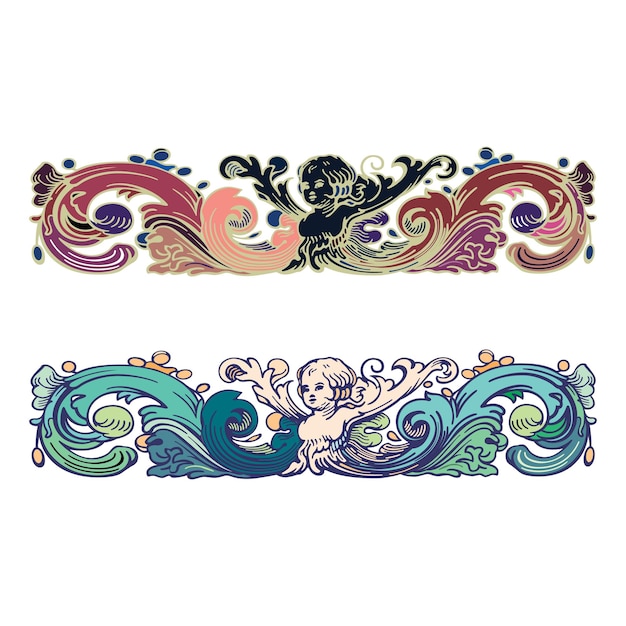 Dibujo de elementos decorativos de arte caligráfico floral retro vintage con flores y vector aislado de querubín
