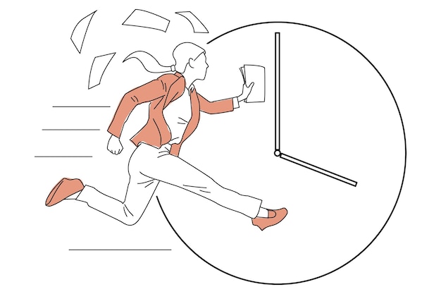 Dibujo de empresaria corriendo rápido frente al reloj Concepto de urgencia empresarial