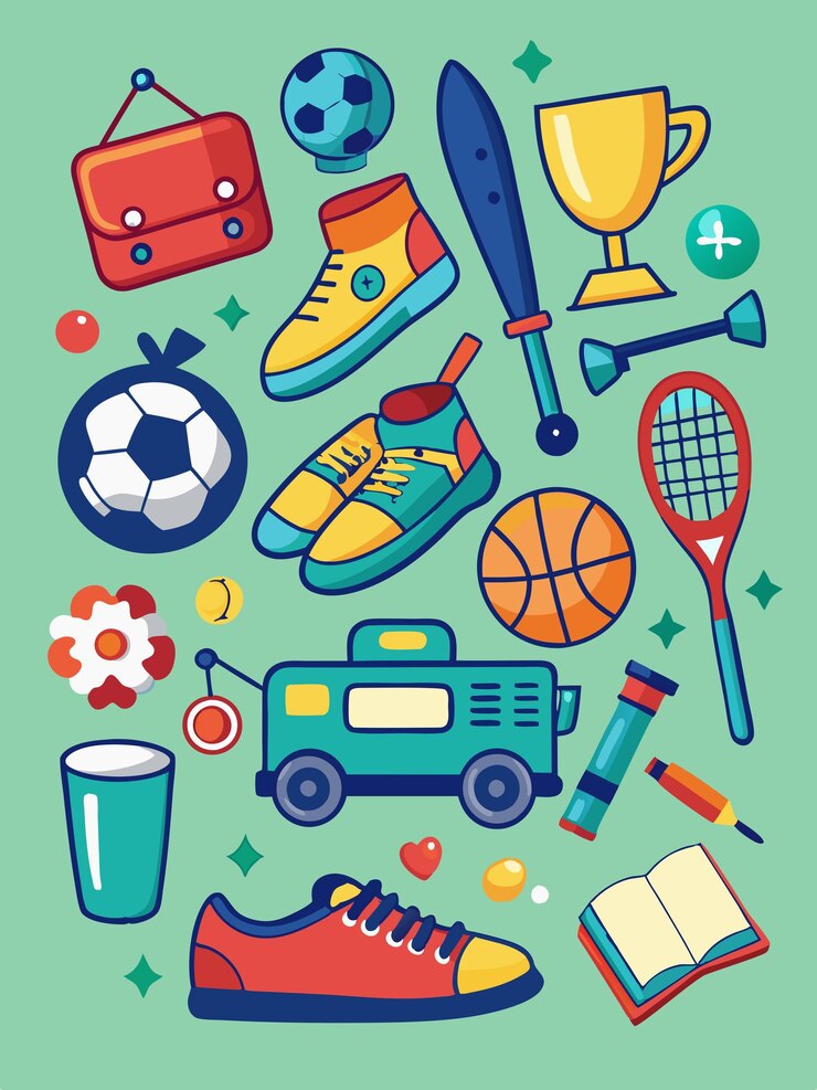 un dibujo de equipos deportivos con una pelota de fútbol y equipos deportivos
