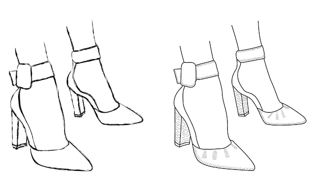 Dibujo esbozo de la silueta de los zapatos de mujer de moda correa de tobillo estilo de línea