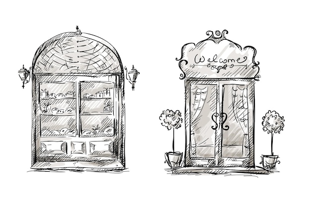 Dibujo de escaparate y puerta de entrada, estilo retro.