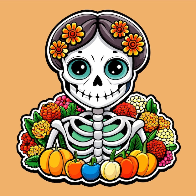 Vector un dibujo de un esqueleto con flores y frutas en él