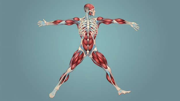 Vector un dibujo de un esqueleto humano con los músculos etiquetados con el esqueleto
