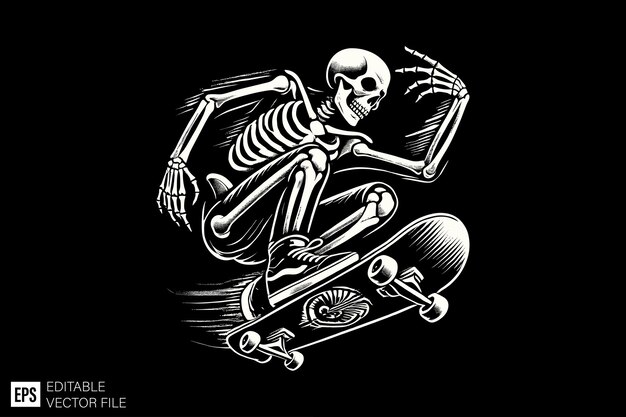 un dibujo de un esqueleto en una patineta con las palabras garabateado en él