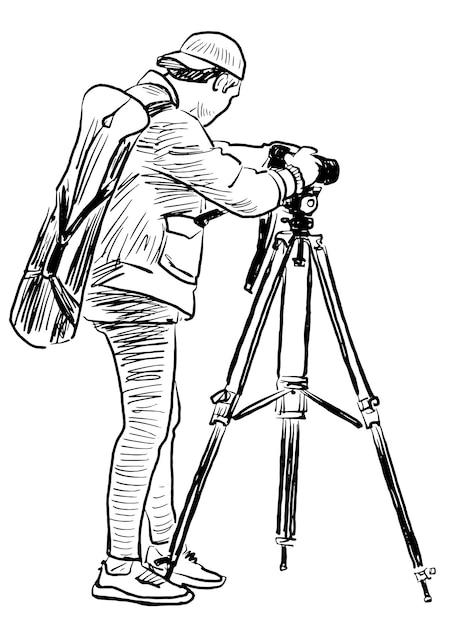 Dibujo de esquema de fotógrafo profesional tomando fotos en cámara con trípode