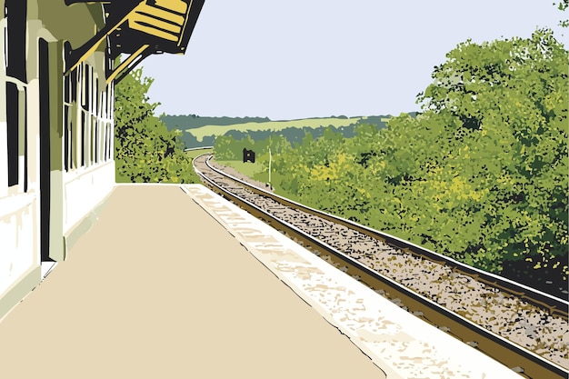 un dibujo de una estación de tren con un letrero que dice "una estación de tren"