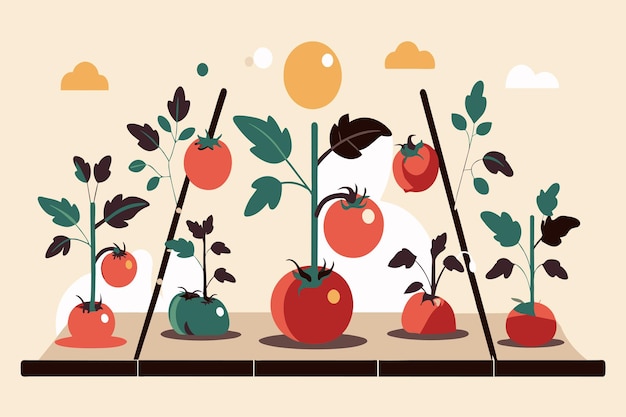 Vector dibujo estilizado de tomates maduros en plantas con un fondo cálido