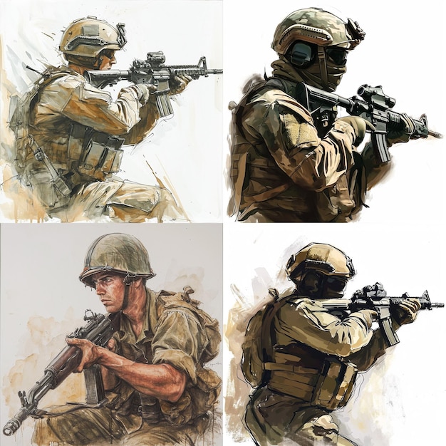 Vector dibujo estilizado vectorial de un militar en un uniforme caqui en un chaleco a prueba de balas_2